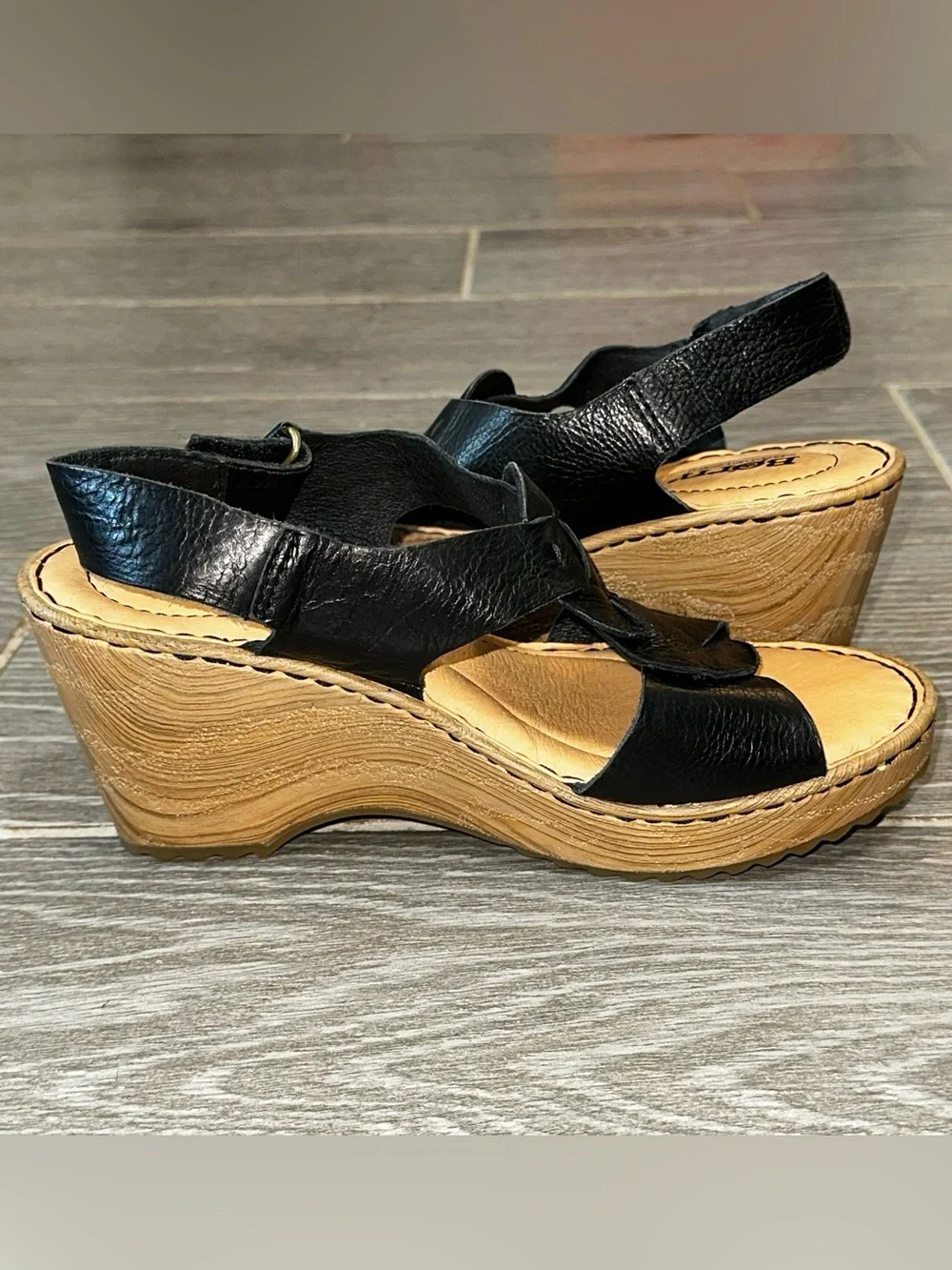 Born Nina Braided Front Wedge Black Leather Women’s 6M Platform Open Toe Sandal